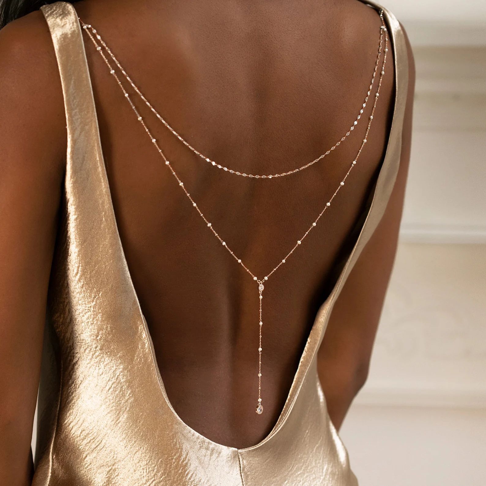 Body Jewelry For Backless Dress - 繊細な金メッキCZビーズバックドロップチェーンネックレス、女性用オープンバックドレスジュエリー、ブライダルレディースウェディングパーティーアクセサリー