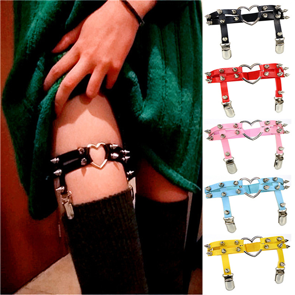 Body Jewelry Ends - 1 個女性パンクゴスハート Pu レザー弾性脚リングボディジュエリー脚弾性ボディチェーンサスペンダーガーターベルト