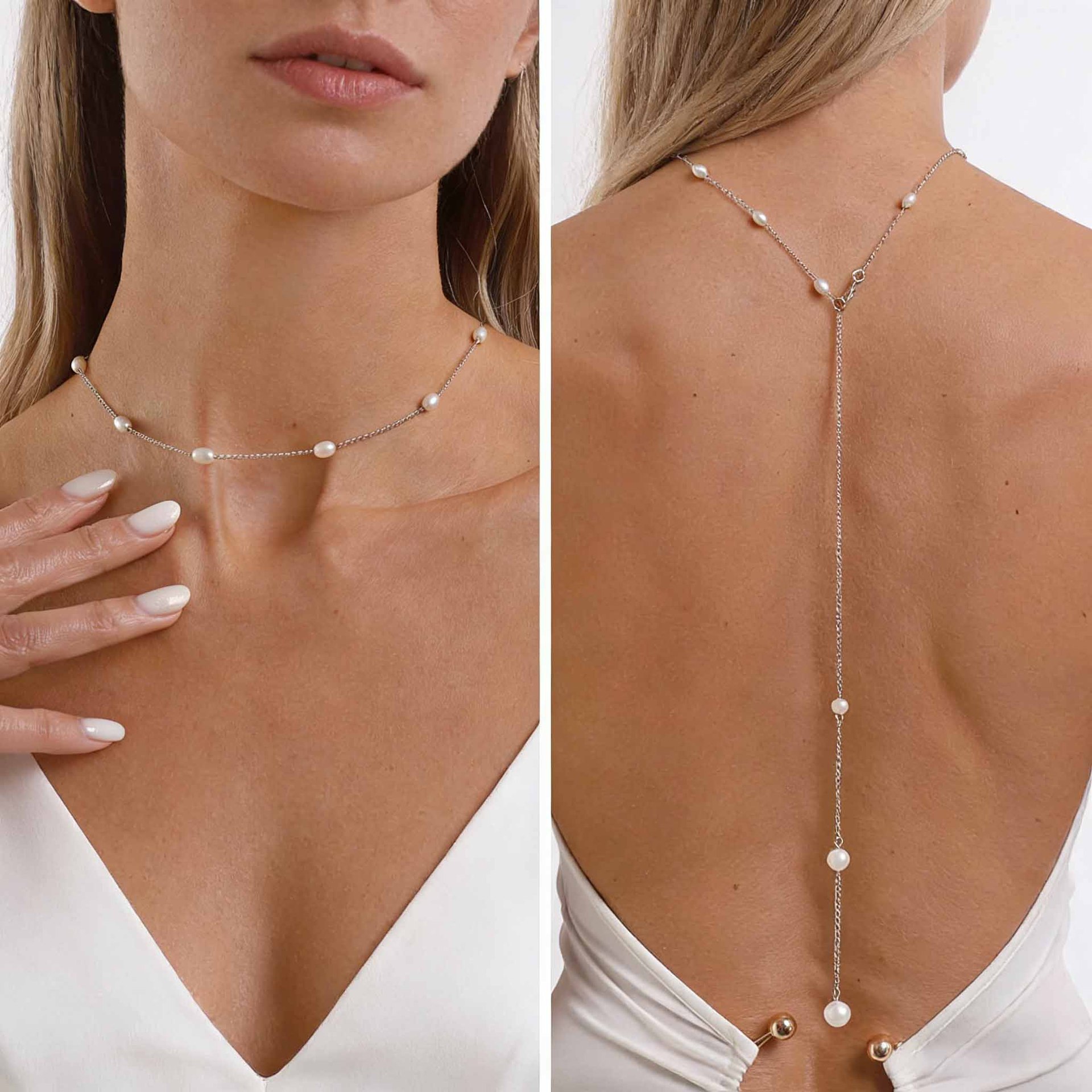 Body Jewelry For Backless Dress - エレガントなバックドロップネックレス、イミテーションパール付き、背中が開いたウェディングドレス、ブライダルロングボディチェーン、プロム、イブニングドレスジュエリー用