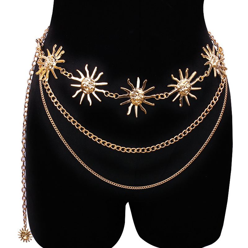 Body Jewelry Ends - チャンキーな多層パンクゴシックムーンサンウエストチェーンメタルウエストベルト、女性用ドレスジュエリーボディチェーンジュエリー