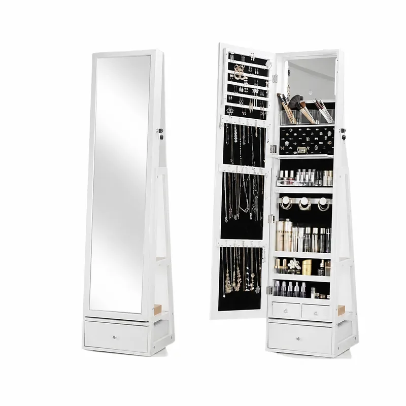 Body Jewelry Storage - 回転式全身鏡とジュエリーキャビネット付き収納棚、寝室や更衣室でのメイクアップやスキンケア整理に