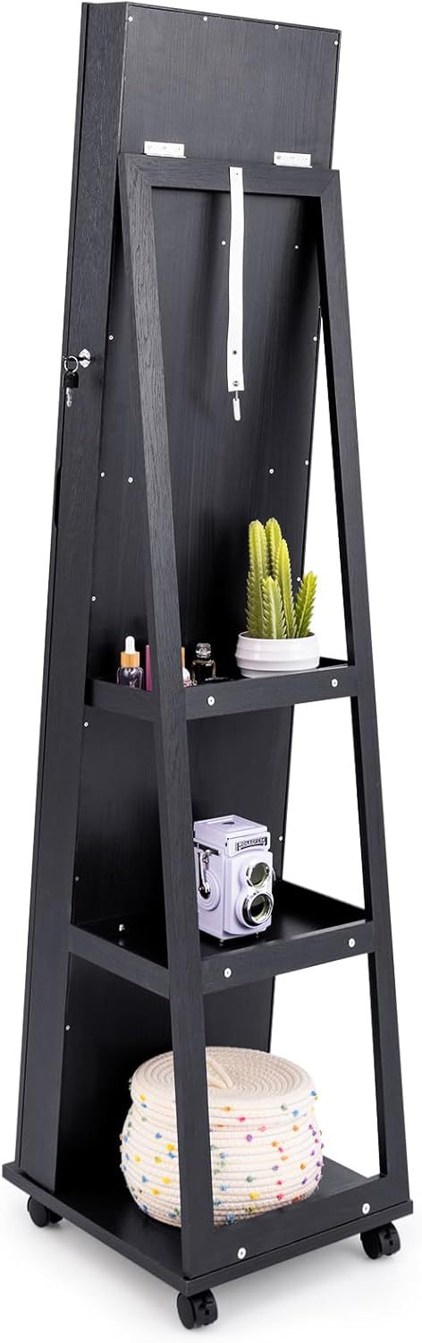 Body Jewelry Storage - 無垢材回転式フロアスタンド全身スマートミラー、ジュエリー収納キャビネット、寝室用ドレッシング＆メイクアップミラー