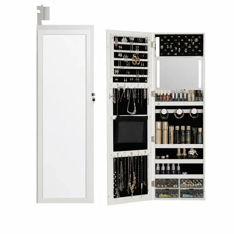 Body Jewelry Storage - 全身鏡壁掛け木製ジュエリー収納キャビネット多機能ドレッシングミラーLEDライト付きシンプルデザイン