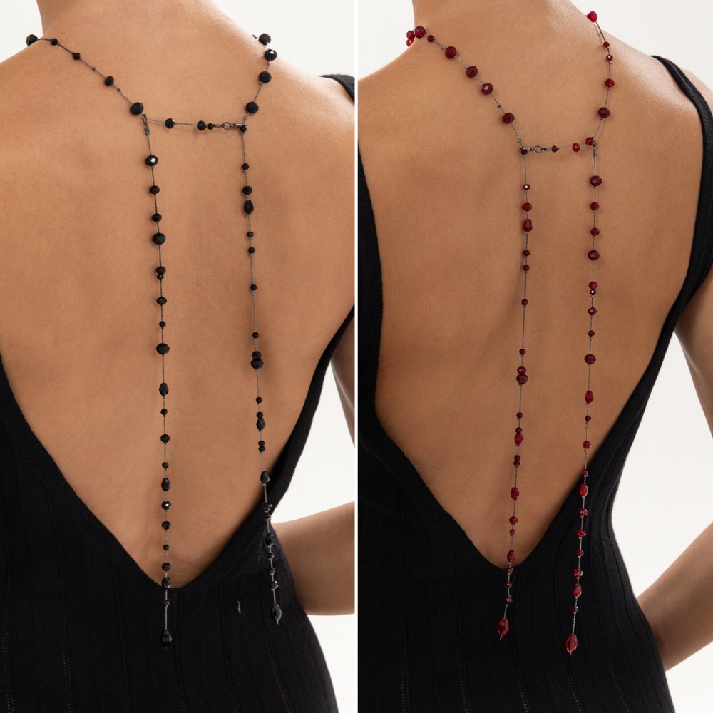 Body Jewelry For Backless Dress - ゴシックバックボディチェーン ブラックレッドクリスタルビーズ ロングタッセル バックネックレス 女性用 調節可能なバックレスドレス