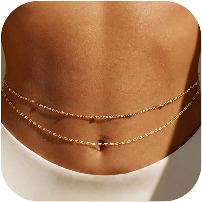 Body Jewelry Ends - 14K金メッキウエストチェーン、女性用レイヤードウエストビーズ、ベリーボディゴールドチェーンベルト、防水サマービーチジュエリー（ビキニ用）