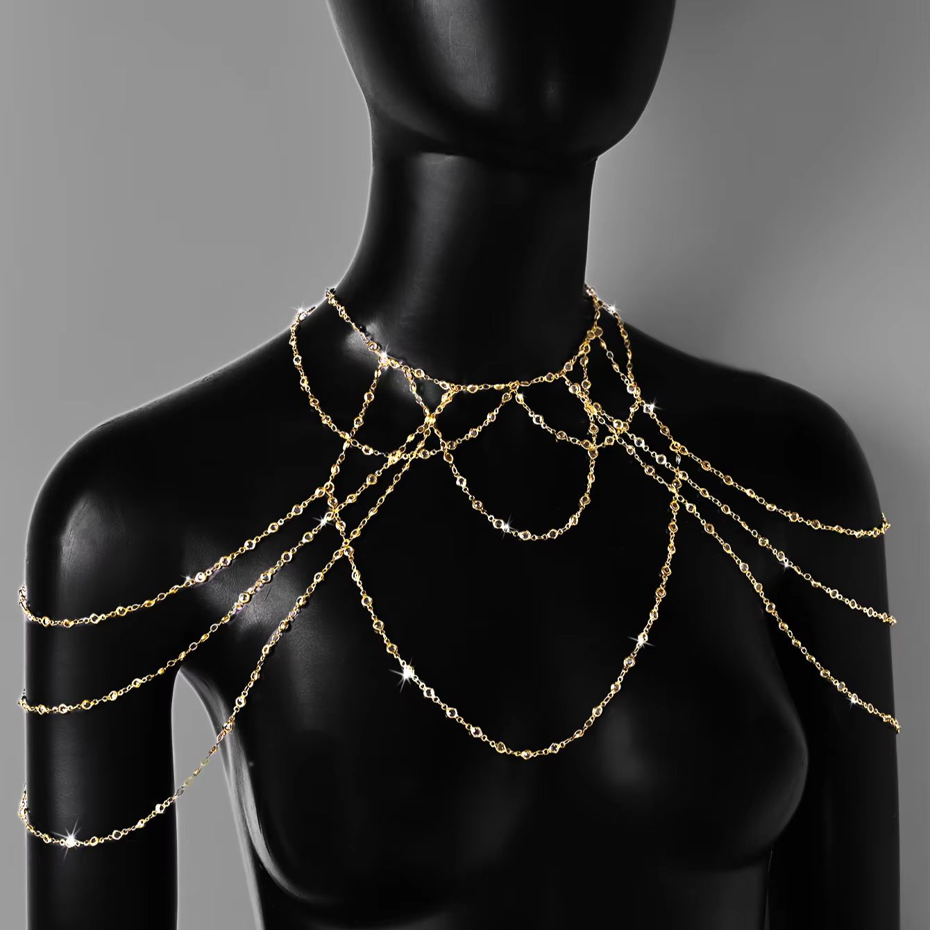ゴールドシルバーメッキ多層CZボディチェーン、ショルダータッ - Body Jewelry Gold のレビューと価格