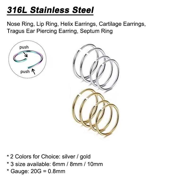 6個/ロット 低アレルギー性ノーズリングフープ 316Lサー - Body Jewelry Nose Ring のレビューと価格